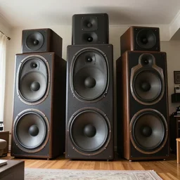 overwhelmingly gigantic speakers in a living room