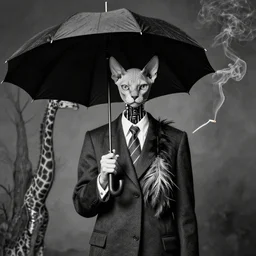 photographic portrait max ernst sad woman hairless cat feathers, robotic, wearing a suit, holding an umbrella and a giraffe, spiraling tree cigarette smoke, editorial