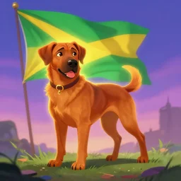 beautiful picture of stray, Stray caramel dog and a green and yellow flag | Rhodesian Ridgeback | glowing colors, fantasy art, trending on artstation, cgsociety, nice composition, great fantasy mood, classic Disney mood