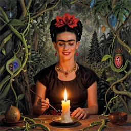 witch doctor woman smiling in the flame of a candle, surrealism, frida kahlo, ayahuasca, climbing vines, hallucinations, spirit journey
