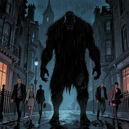 monster hiding in a dark victorian street london, rain, night, surreal, comic book, low angle, concept art by stuart immonen, warren ellis, rafael albuquerque, shinji aramaki, greg rutkowksi, andrew ferez