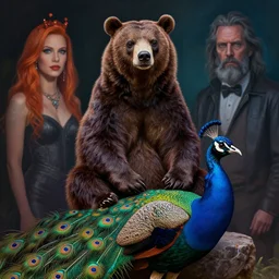 bear sitting on a peacock, painted by lisa frank, alex grey and tim hildebrandt, volumetric lighting, hyper realism, highly detailed, dmt, lsd, psilocybin, sharp focus, sharp contrast, 8 k
