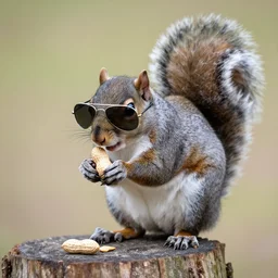 Gray Squirrel wearing aviators, eating a peanut near a stump. Realistic.