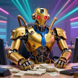 portrait photo of a huge golden and blue metal humanoid steampunk robot businessman with gears and tubes, robot is sitting in an office, on the table is a pile dollar bundles, eyes are glowing red lightbulbs, shiny crisp finish, 3 d render, 8 k, insaneley detailed, fluorescent colors, background is multicolored lasershow
