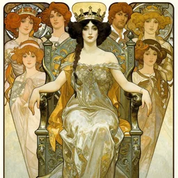 highly detailed portrait of a beautiful black haired woman with pale skin and a crown on her head sitted on an intricate metal throne by alphonse mucha, ayami kojima, yoshitaka amano, charlie bowater, karol bak, greg hildebrandt, jean delville, and mark brooks, 4 k resolution