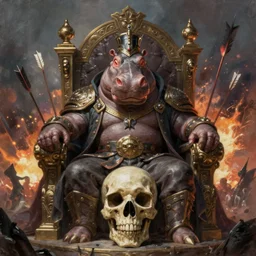 Hippo, Anthropomorphized, portrait, as evil warlord general on skull throne, magic the gathering artwork, D&D, fantasy, cinematic lighting, centered, symmetrical, highly detailed, digital painting, artstation, concept art, smooth, sharp focus, illustration, volumetric lighting, epic Composition, 8k, art by Akihiko Yoshida and Greg Rutkowski and Craig Mullins, heroic pose, oil painting, cgsociety, Battlefield background, explosions, arrows