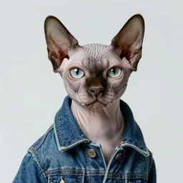 full head photo portrait of a cute sphynx cat made with jeans jacket, medium shot, super realistic, crisp details, sharp, detailed, intricate, volumetric lights, cinematic, shit with hasselblad, octane render