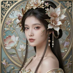 Hyperrealistic beautiful sexy ethereal oriental woman portrait, art nouveau, fantasy, intricate flower designs, elegant, highly detailed, sharp focus, art by Artgerm and Greg Rutkowski and WLOP
