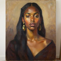 detailed portrait in daring femininity, ethnic, statuesque, confident face, warm glow, bathed in morning light, captured memory, painterly, radiosity, impressionism, warm earthy natural color scheme with contrasting highlights, modern fashion, contemporary art, deep rich hues, oil on canvas