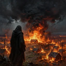 a highly detailed cloaked creature from another dimension watching a house on fire, firestorm, a black void in the sky, stormy clouds, wide perspective, low perspective, burning village, highly detailed digital art, cinematic, hyper realism, oil on canvas, trending on Artstation, octane render