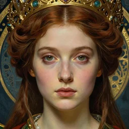 detailed realistic beautiful young medieval queen face portrait by jean delville and ruan jia, art nouveau, symbolist, visionary, gothic, pre - raphaelite