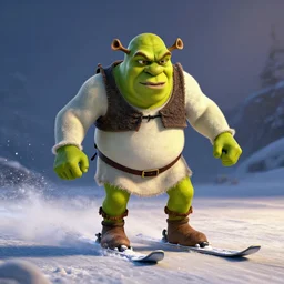 shrek skiing, angry, full body shot, cinematic lighting, studio quality