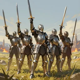 armored knights raising their swords in victory, standing in a field with a burning city in the far distance, trending on artstation, digital art ( by jesper ejsing ) ( by clint cearley ) ( by raluca marinescu )