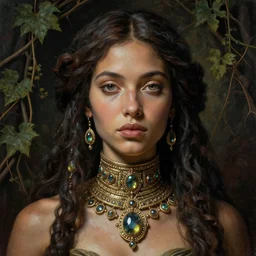 detailed portrait in femininity, cosmopolitan priestess, realistic face carved features, specular eyes, ethnic, statuesque model, natural skin, lush hair, high collar, opulent, subsurface scattering, jewel, asymmetrical, chiaroscuro, organic impressionism, vine backdrop, deep rich color, digital illustration