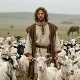 Cinematic still of Jon Kortajarena dressed in Biblical Shepherd Clothing with a flock of goats, Biblical epic film dramatic angles, directed by Steven Spielberg