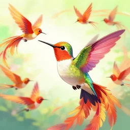 anime painting frantic cute hummingbird phoenix phoenix phoenix zipping around, wanting to explore and investigate everything. it\'s curiosity is unbounded and insatiable, digital art, trending on artstation, stylized, colorful feathers, anime art by Kuvshinov Ilya, lariennechan, Aokamei