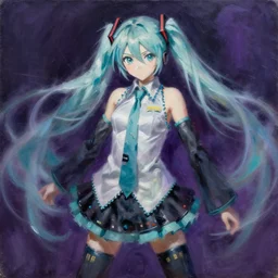 oil painting portrait of hatsune miku by oskar kokoschka, dynamic violent movement, deep purple and black background, chiaroscuro, automatism, tachisme, violence, heavy impasto technique, painterly, dynamism, iridescence, iridescent gradient desaturated gaussian blur palette knife, ethereal