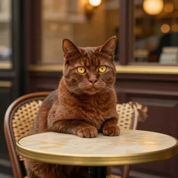 brown cat with yellow eyes is sitting at table in a cafe at paris in early 2 0 th century. atmospheric feeling, warm colours, brown colours, yellow colours, epic scene, cinematic, very detailed, octane render