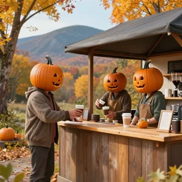 pumpkin headed people ordering coffee at a coffee stand, maple trees with fall foliage, on a mountain in new hampshire, volumetric, realistic, cinematic lighting, ray tracing, unreal engine 5, octane render, hyper realistic, photo, 8 k