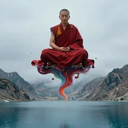 abstract illustration of a tibetan monk in lotus position flying over himalaya mountains lake in weightlessness in traditional red cloth with liquid abstract shader deformations, small foggy and blue gloomy, highly detailed, photorealistic, abstract science fiction illustration by salvador dali, jeremy geddes