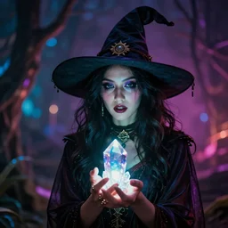 beautiful witch holding a glowing crystal, insane colors deep acid trip, film still