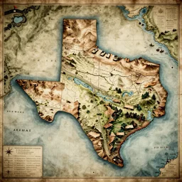 Detailed map of Texas in the style of Middle Earth medieval map hand drawn antique
