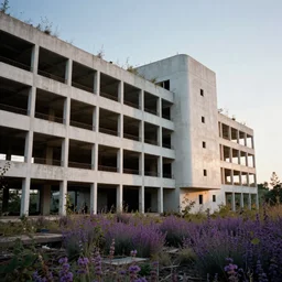 Inside of a huge sprawling abandoned hi-tech building made of white concrete, overgrown by purple plants and lit by sunlight during sunset. Beautiful lighting, highly detailed 35mm photograph,