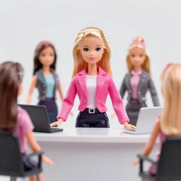 a serious barbie doll office worker presenting to more barbie dolls, barbie dolls, board room meeting, golden hour