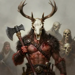 portrait of a bloody berserker with deer skull for a head, the berserker holding an axe and has skull for a head, subject in the center of the frame, wide angle shot, diffuse lighting, fantasy, intricate, elegant, highly detailed, lifelike, photorealistic, digital painting, artstation, illustration, concept art, smooth, sharp focus, art by john collier and albert aublet and krenz cushart and artem demura and alphonse mucha