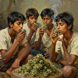 a beautiful oil painting of four indian boys tripping and smoking weed, stoned. poster for a movie, by greg rutkowski, trending on artstation, featured on pixiv, masterpiece, cinematic composition, beautiful lighting, 8 k