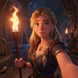 selfie portrait of dnd adventurer girl  walking in dungeon with torch, mattepainting concept Blizzard pixar maya engine on stylized background splash comics global illumination lighting artstation  lois van baarle, ilya kuvshinov, rossdraws