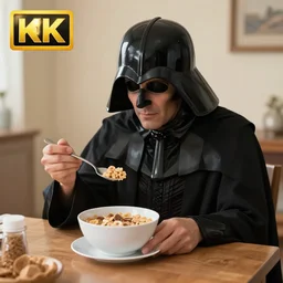 Darth sitting at the table with a spoon in his hand looking at his cereal, 8k