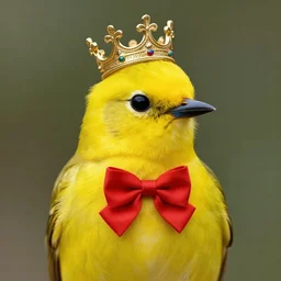 an elegant yellow bird wearing a crown and a red bow tie, very beautiful, artstation, high quality, sharp, by greg rutkowski, by artgerm, by alphonse mucha