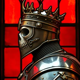 detailed side - view portrait of a knight, kaldor helmet, skull - shaped visor, no mandible, royal crown with big spikes, plate armor, 1 3 th century stained glass window, shiny red background, very masterful, backlit