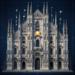 leonardo da vinci intricate full page blueprint of concept an enormous cathedral facade, covered with different types of antennas, light signage, luminous advertisements, satellite dishes, hyper detailed, ultra - detailed technical precision, hypermaximalist, elegant, ornate, symmetrical, akira, ghost in the shell, cinematic lighting,, intricate, 8 k, night