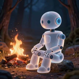 translucent robot sitting by a fire in the woods at night, whimsical, award winning photograph, sigma 8 5 mm f / 8, hyper - realistic