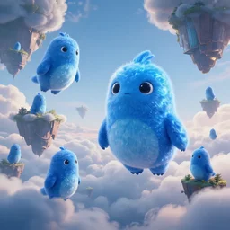 cute, giant, blue shiny creatures flying through floating islands, extreme cloud formations, uncanny, cinematic lighting, thomas cole, still from inside out, octane render, ray tracing, volumetric lighting, 4 k