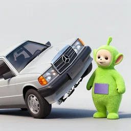 Mercedes 190E crashing against a teletubbie