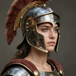 close - up portrait of female roman gladiator with helmet and armor, art by paolo roversi