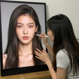 A monster is copying appearance of female model by watching her, highly detailed