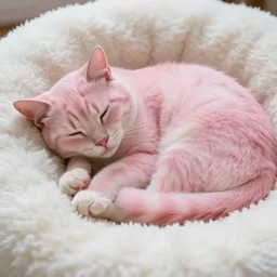 pink furred cat sleeping in a fluffy bed