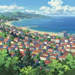 detailed small city by ocean, high view, summer, in anime style