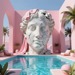 geometric 3d masterpiece, hyperrealistic surrealism, award winning masterpiece with incredible details, epic stunning, infinity pool, a surreal vaporwave liminal space, highly detailed, trending on ArtStation, broken giant marble head statue ruins, calming, meditative, pink arches, flowing silk sheets, palm trees, very vaporwave, very very surreal, sharp details, artgerm and greg rutkowski and alphonse mucha, daily deviation, IAMAG