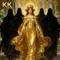 a girl emperor being escorted by shadow guards wears long golden flowing robes, an ostentatious palace and garden are seen in the background. by jeremy mann and alphonse mucha, fantasy art, photo realistic, dynamic lighting, artstation, poster, volumetric lighting, highly detailed faces, 4 k, award winning