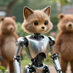 film still from the movie chappie of the robot chappie shiny metal outdoor park plants garden scene bokeh depth of field several figures furry anthro anthropomorphic stylized cat ears wolf muzzle head android service droid robot machine fursona