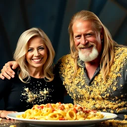 ( ellen degeneres ) and ( hulk hogan ) both covered in pasta, couple's photo