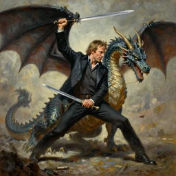 a detailed oil painting of an action filled scene depicting jordan peterson slaying a dragon with a sword
