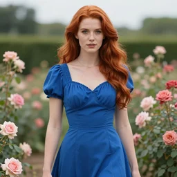 a beautiful warrior woman, red hair, blue dress, detailed, rose garden, by john howe _ h 7 0 4