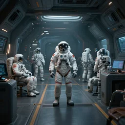 movie still frame, a cyberpunk spaceship interior, few astronauts, artstation, 3 d art