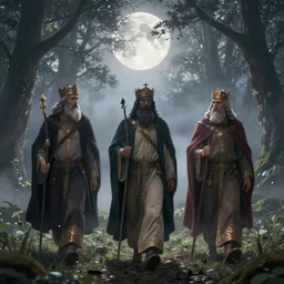 The Three Kings walk through a foggy forest at moonlight, Trending artstation, digital art